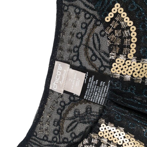 Chico's Sheer Open Jacket Travelers Collection Gold Black Geometric SZ L Sequin - Picture 8 of 11